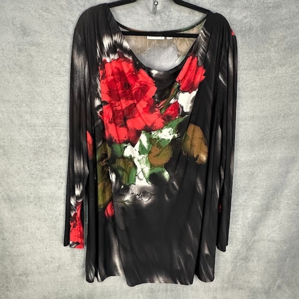 Susan Graver Top Womens 2X Black Floral Long Sleeve Stretch Tunic Comfort Career